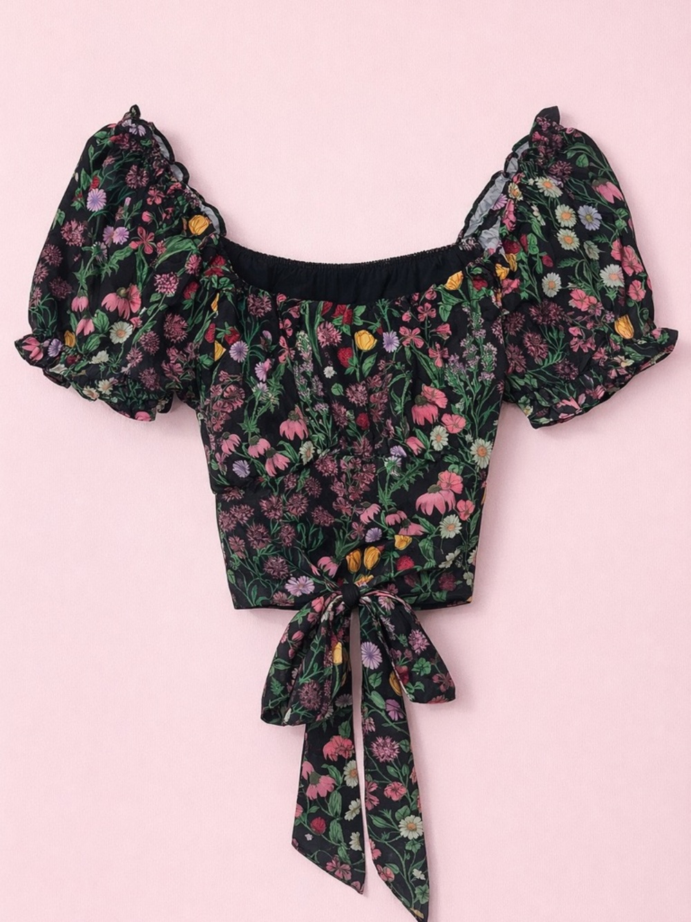 Cider Floral Puff Sleeve Crop Top Tie Back Cottagecore Black Multicolor NWT XL